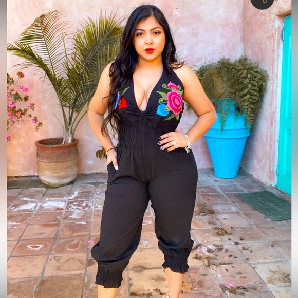 Guaraxez Pants - Smocked Floral Embroidered Jumpsuit